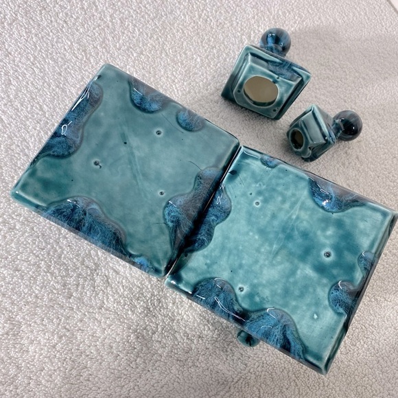 Handmade Blue Glaze Ceramic Pyramid Cream And Sugar Containers - Picture 11 of 11